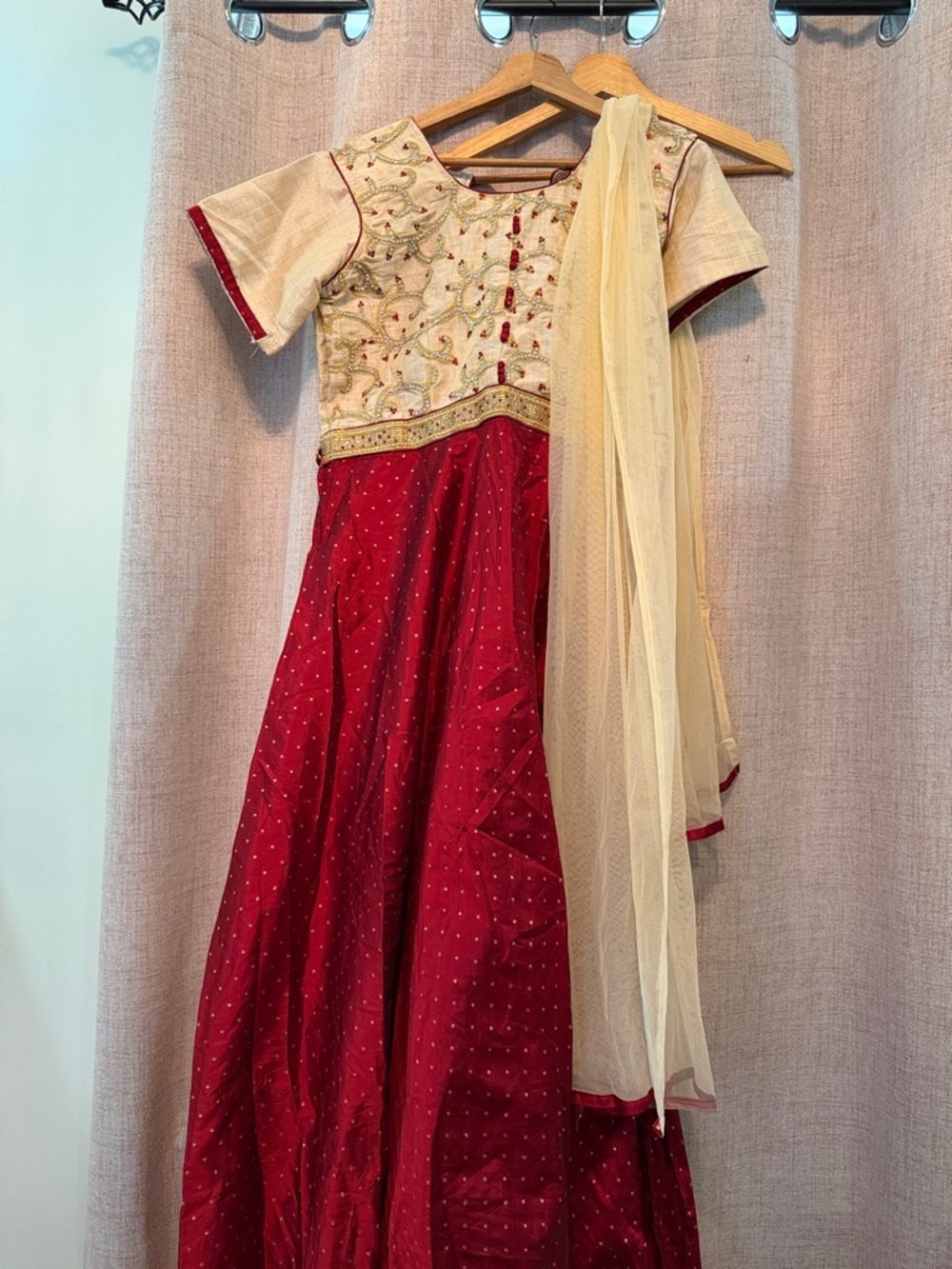 Girls Red and Cream Embroidered Anarkali Dress with Dupatta